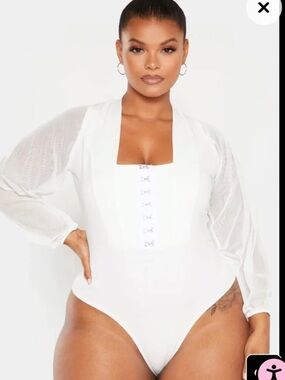 Plus White Eyelet Detail Mesh Sleeve Bodysuit Sz 16 PrettyLittleThing